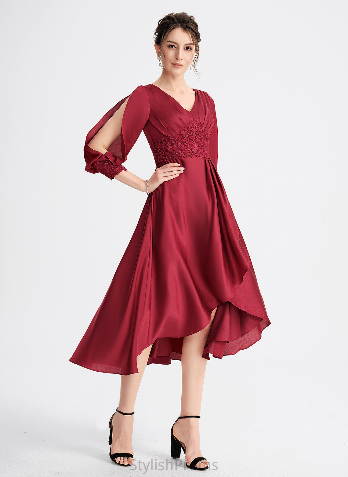 Cocktail Dresses Lailah Asymmetrical Lace V-neck Satin Dress Cocktail A-Line With