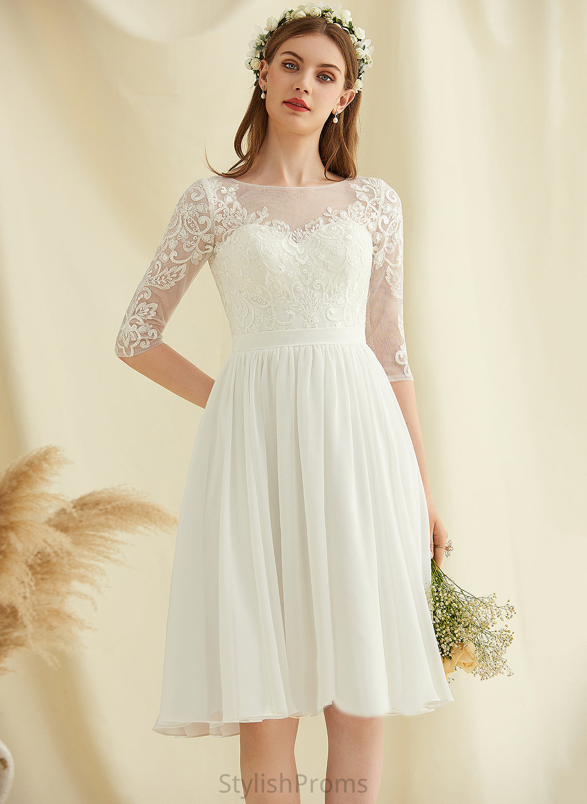 Wedding Neck With Wedding Dresses Scoop Keira Knee-Length Sequins Chiffon Lace Dress A-Line