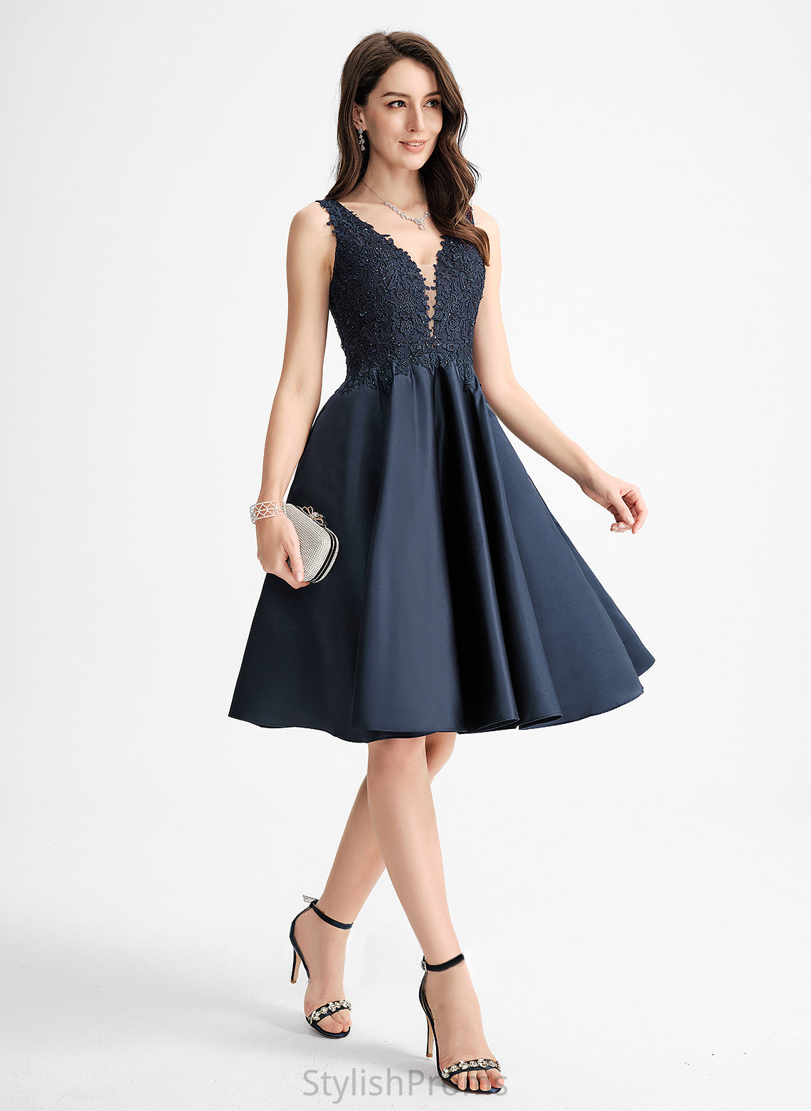 Knee-Length A-Line V-neck Cocktail Dresses Anastasia Dress Lace With Beading Cocktail Satin