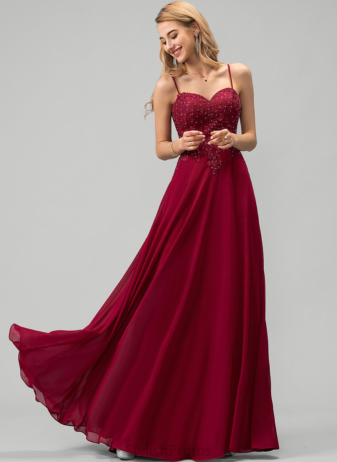 With Floor-Length Chiffon Muriel Lace A-Line Sweetheart Rhinestone Prom Dresses