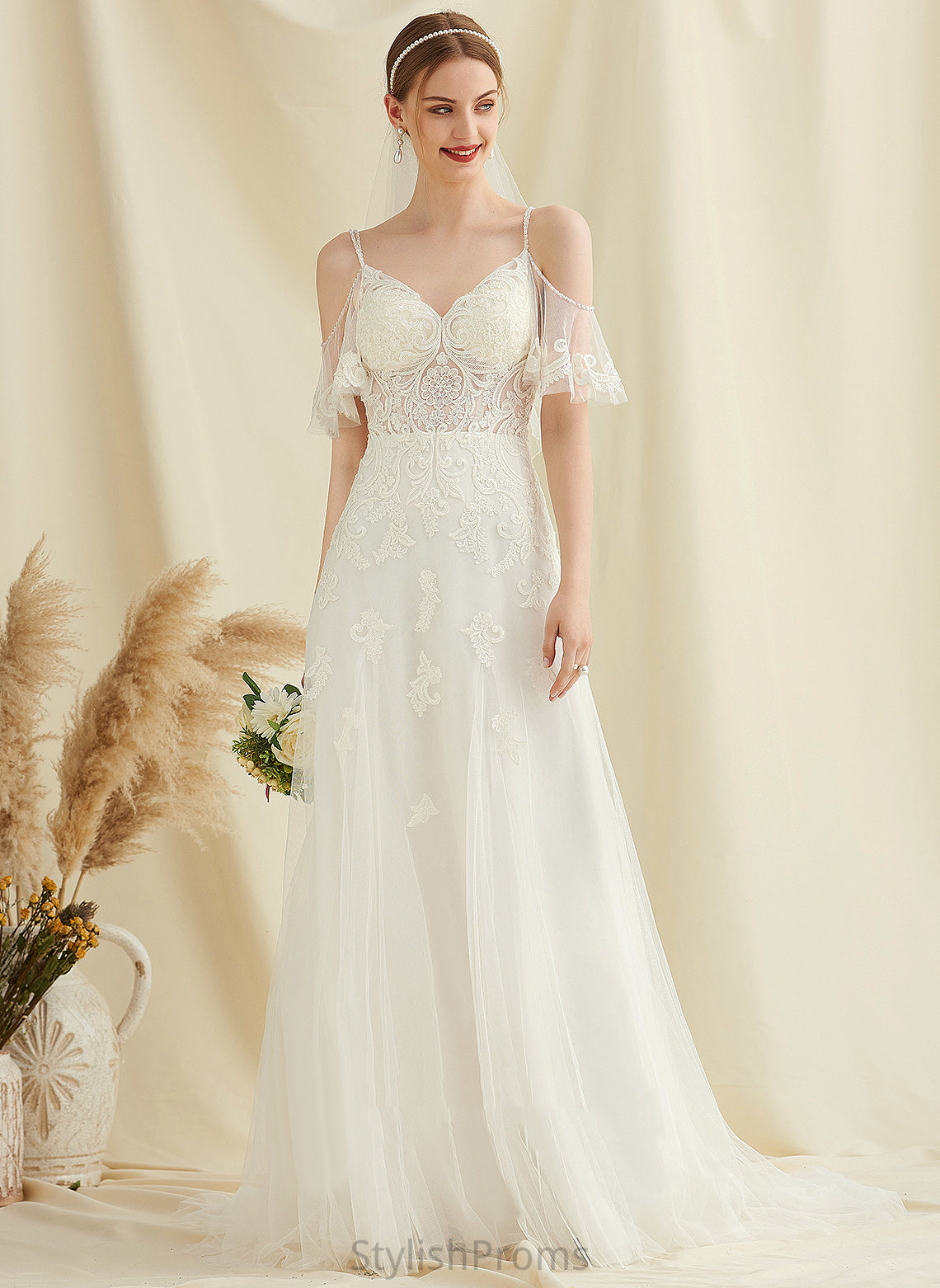 Tulle Aubrey V-neck A-Line Wedding Sweep Train Wedding Dresses With Lace Beading Dress