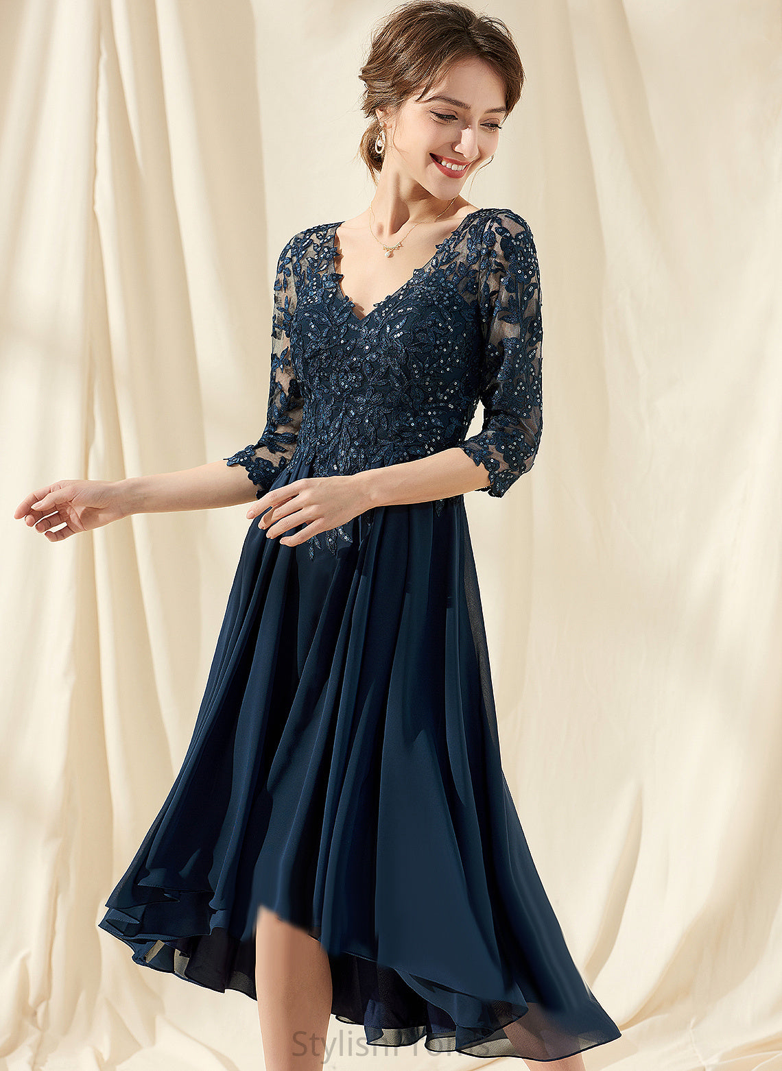 Sequins V-neck With Cocktail A-Line Dress Chiffon Lace Cocktail Dresses Tess Asymmetrical