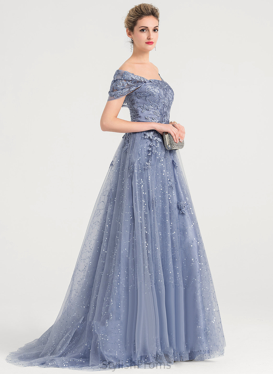 With Ashanti Sequins Lace Tulle Train Prom Dresses Sweep Off-the-Shoulder Ball-Gown/Princess