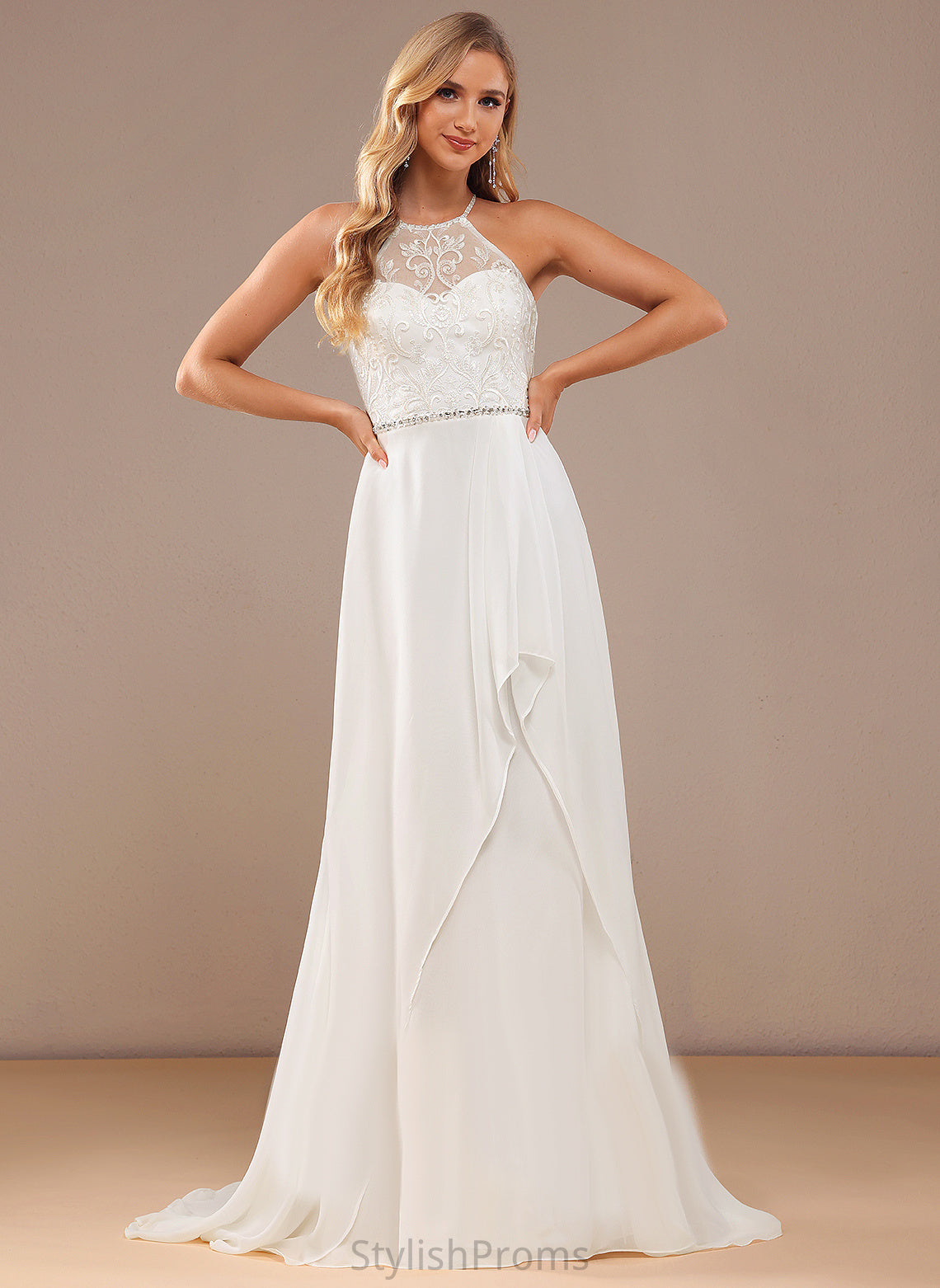 Wedding Chiffon Dress With Beading A-Line Kierra Train Sequins Neck Lace High Sweep Lace Wedding Dresses