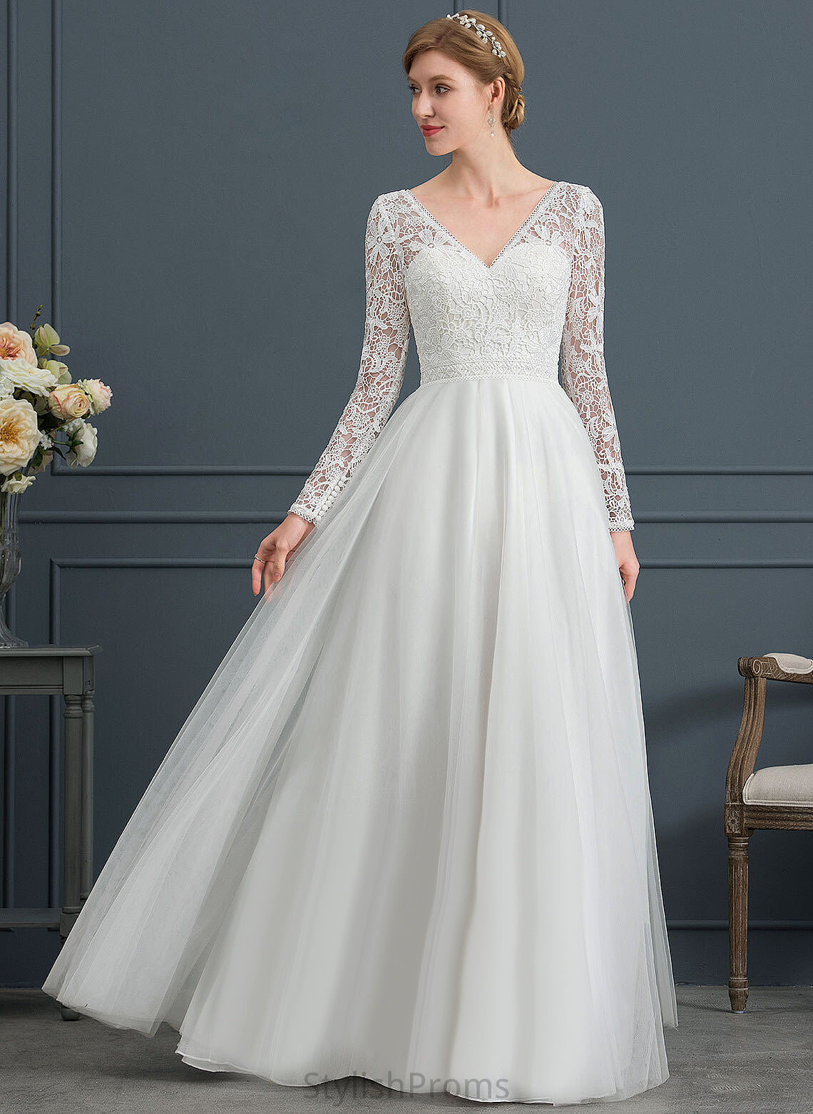 Floor-Length Lace Wedding Tulle Dress Wedding Dresses Hana A-Line V-neck