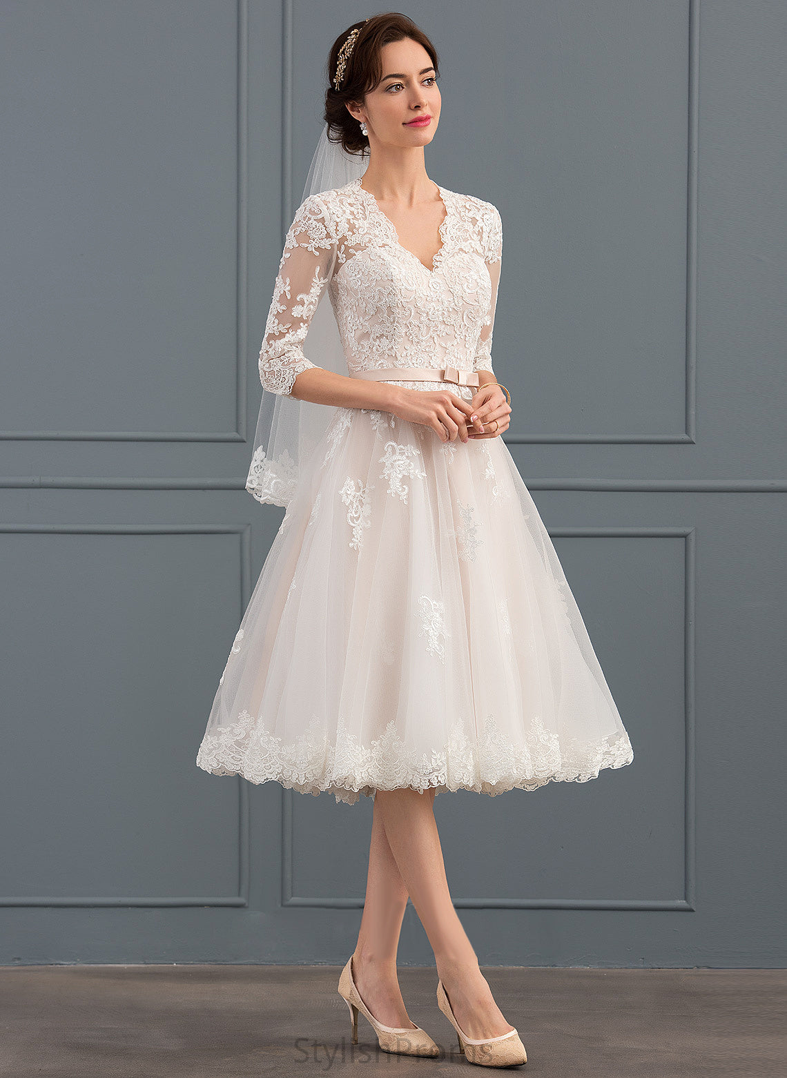 Tulle A-Line With Bow(s) Knee-Length V-neck Wedding Alannah Dress Wedding Dresses Lace