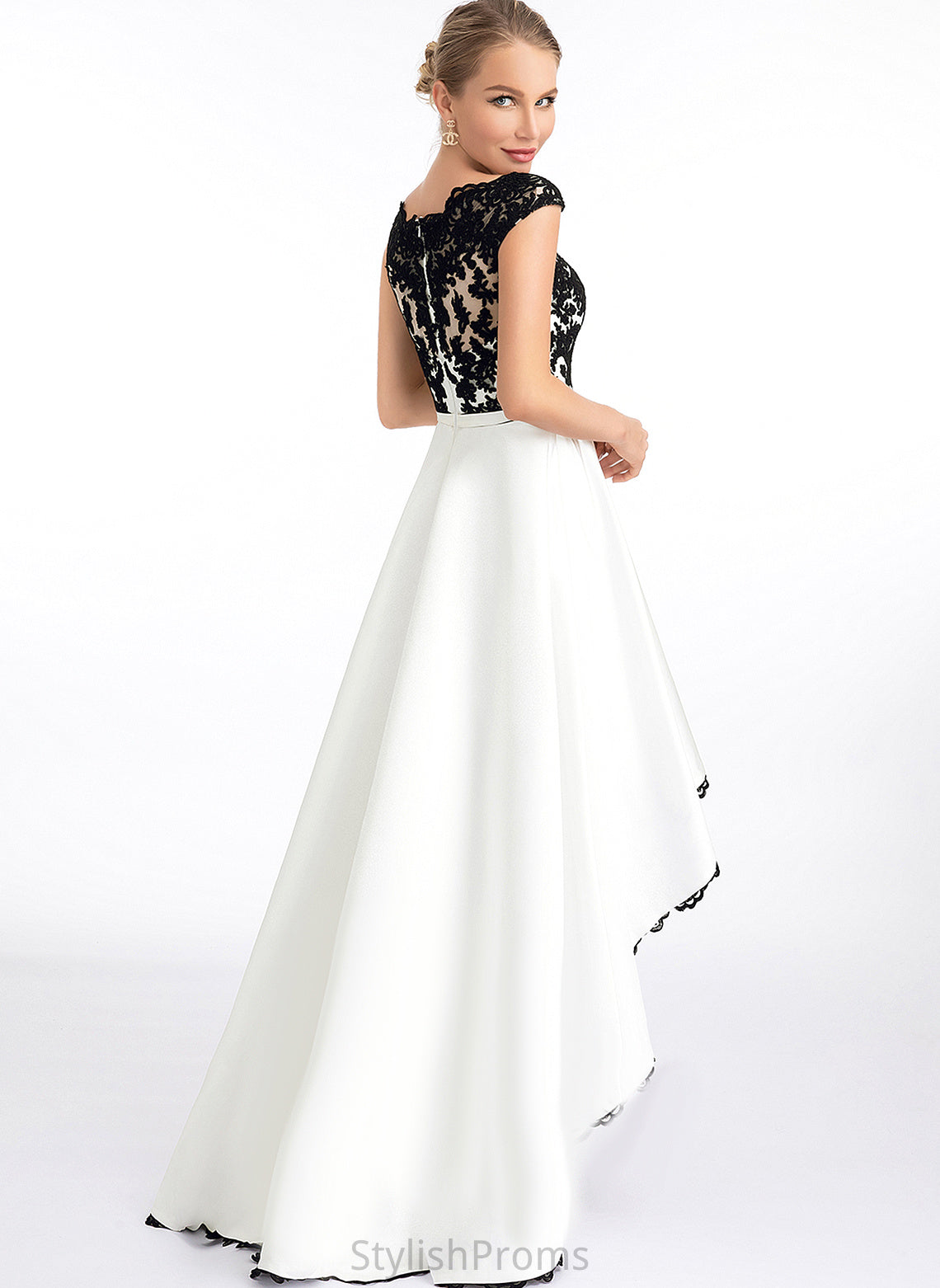 Lace Illusion Jayda Asymmetrical Satin A-Line Scoop Prom Dresses