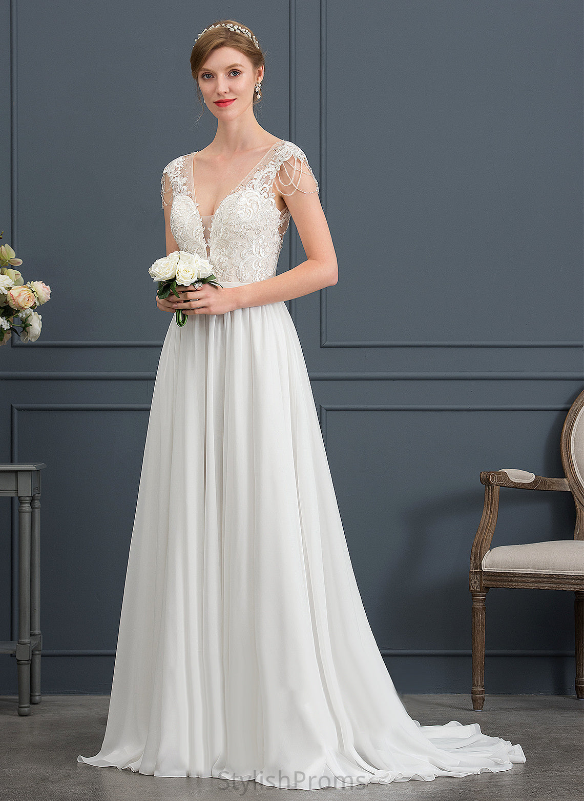 Janice Train With Sequins Lace Dress A-Line Sweep Wedding Dresses Beading V-neck Wedding Chiffon