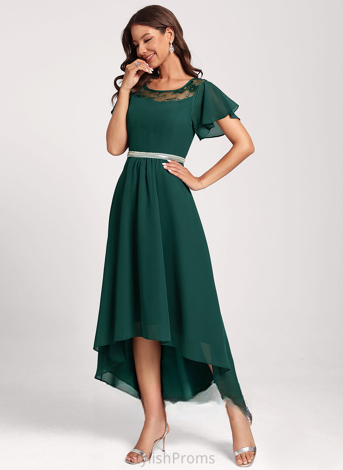 A-line Club Dresses Lace Rosalie Beading Short Chiffon Sleeves Round Neck Dresses Asymmetrical