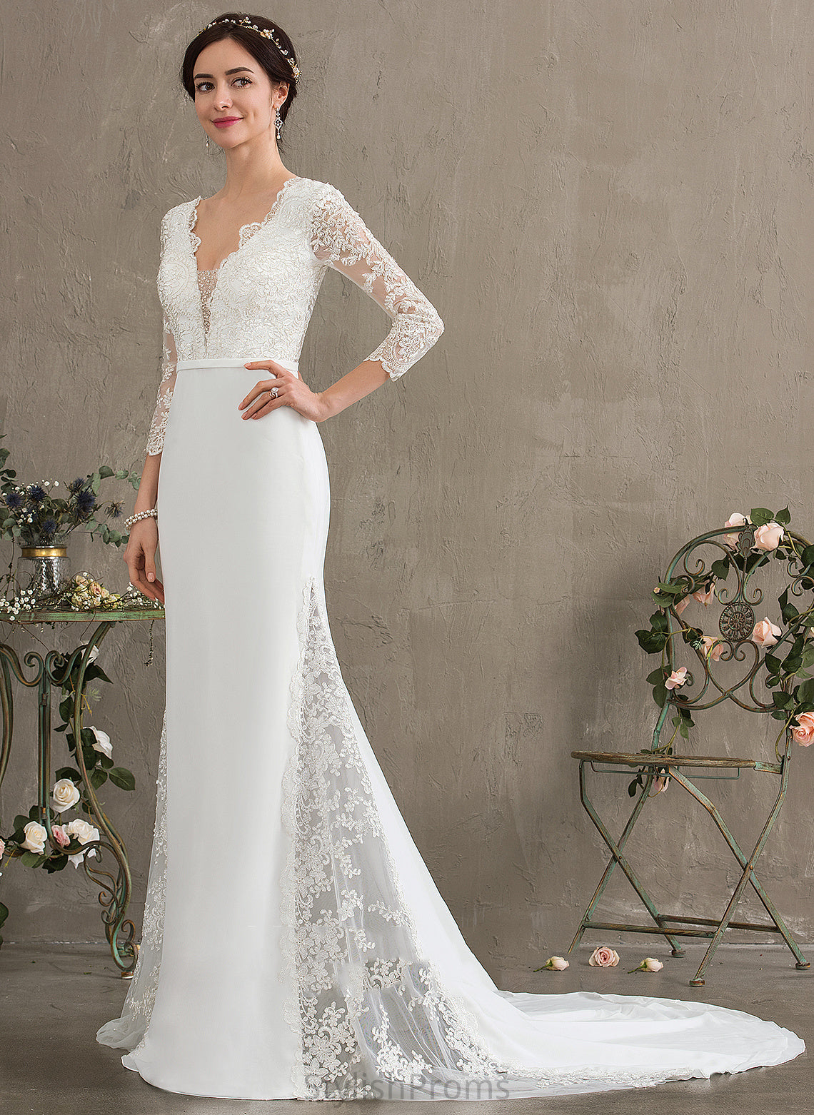 Trumpet/Mermaid Lace Wedding Julianna Train Sequins V-neck With Chiffon Wedding Dresses Chapel Dress Beading