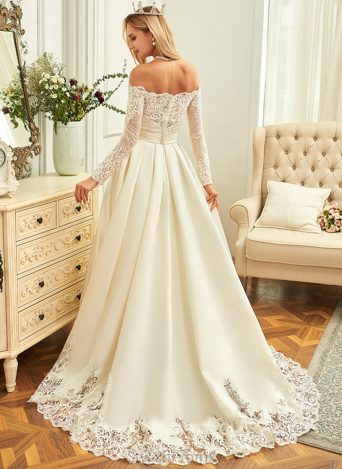 Beading Sequins Dress Wedding Dresses Sweep Wedding Satin Ball-Gown/Princess Abigayle Train Off-the-Shoulder With Lace