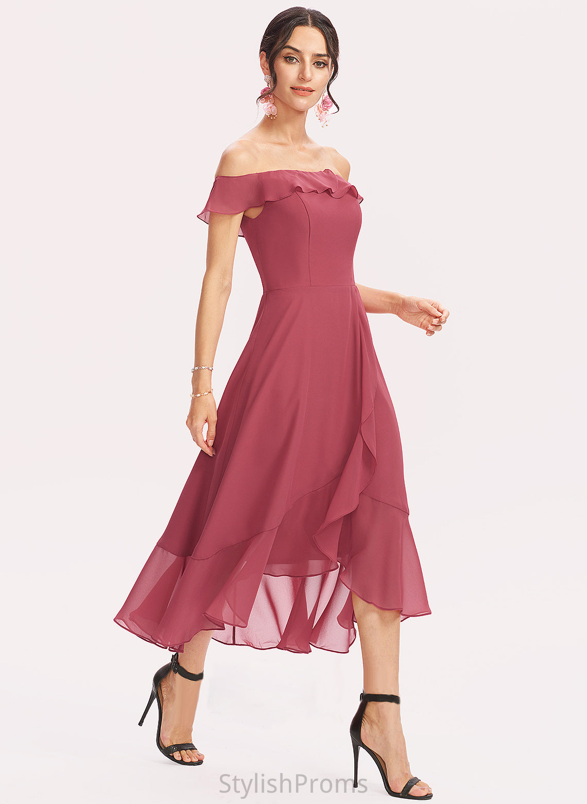 Off-the-Shoulder Dress Ruffles Cocktail Ashlynn Cocktail Dresses Tea-Length Cascading Chiffon A-Line With