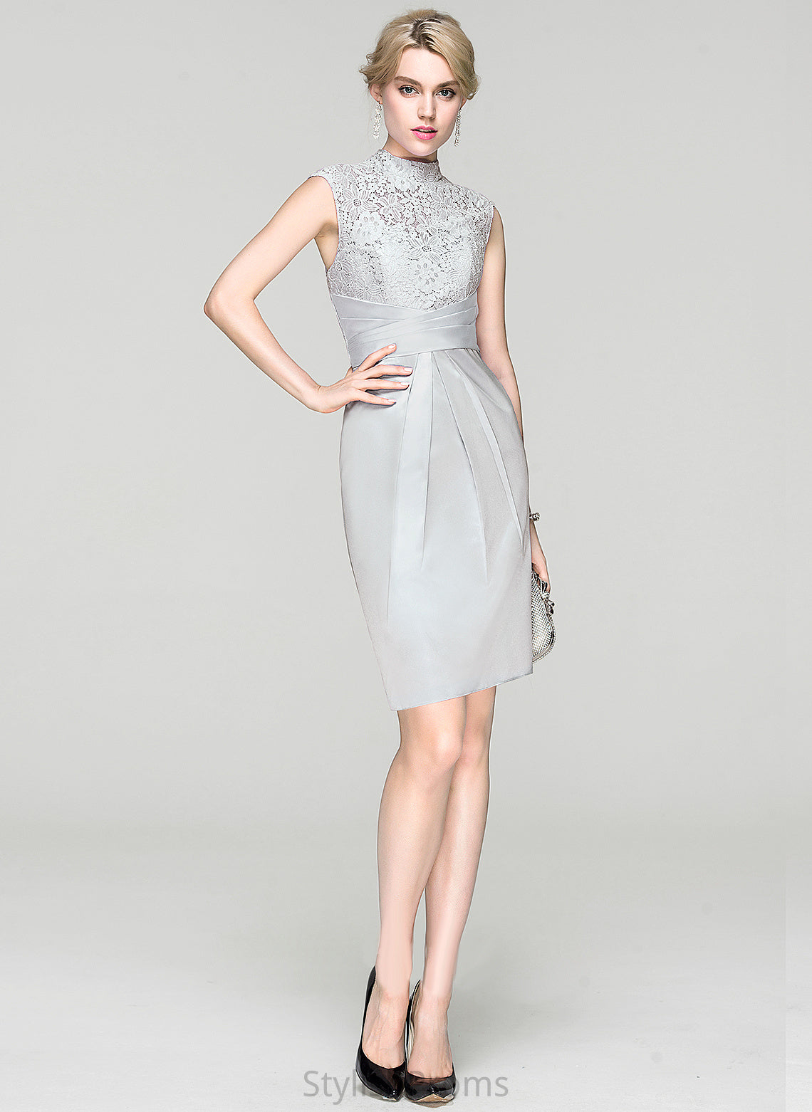 Dress Cocktail Dresses Sheath/Column Neck Kaylie Knee-Length With Ruffle Lace Cocktail Charmeuse High