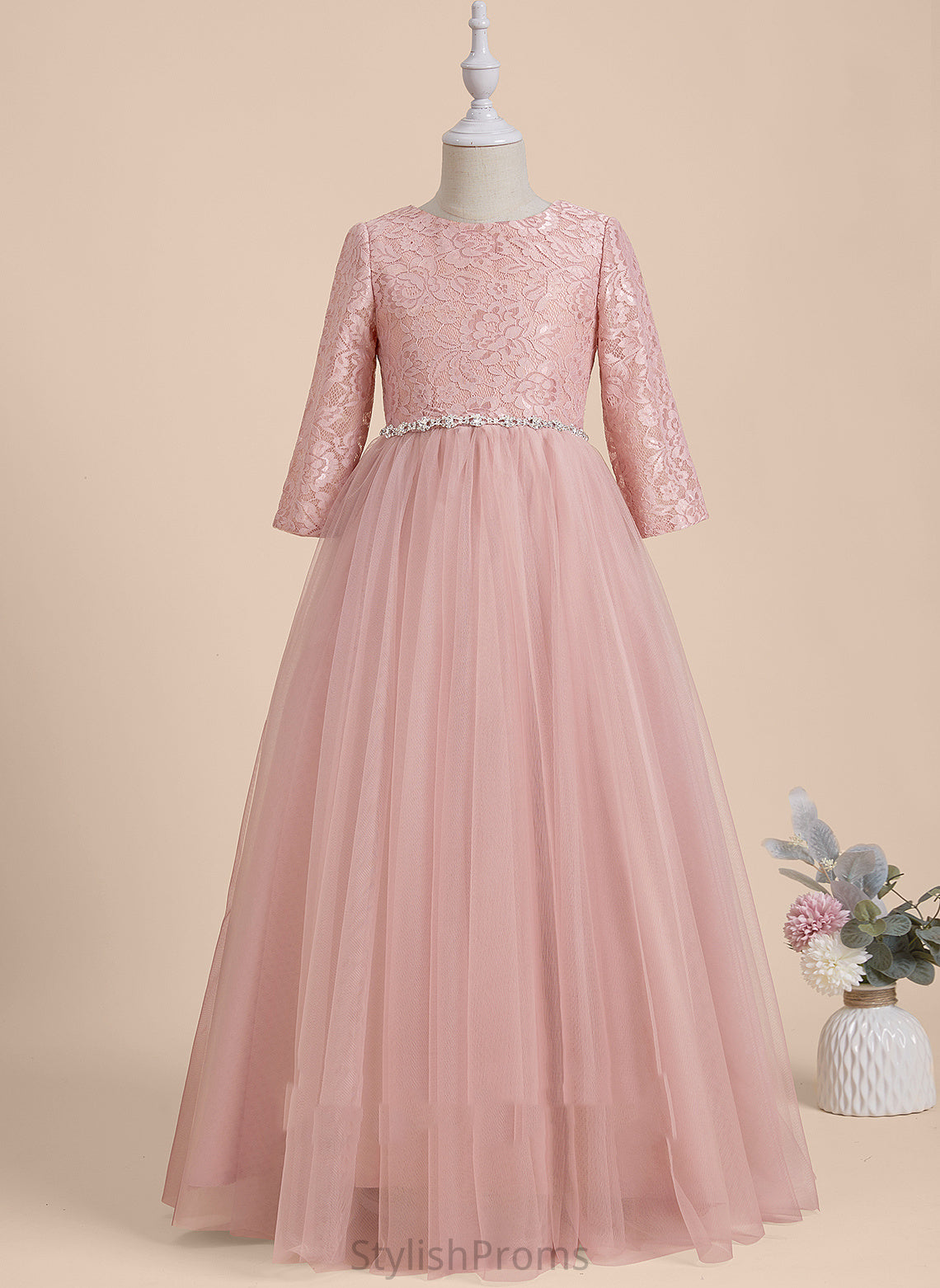 Tulle Flower Gabriela Floor-length Beading/V Scoop Long - A-Line Girl Back Sleeves With Flower Girl Dresses Dress Neck