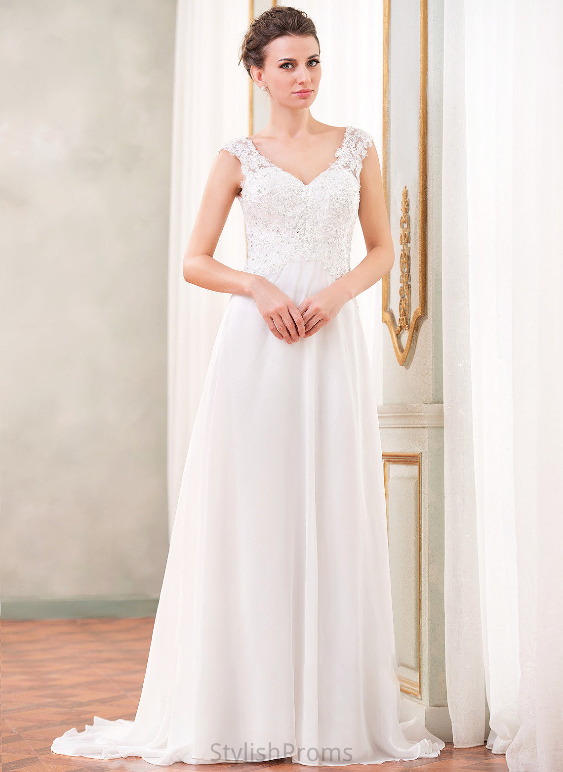 Alexandra Sequins Train Dress Wedding Beading With Lace V-neck Chiffon A-Line Wedding Dresses Sweep