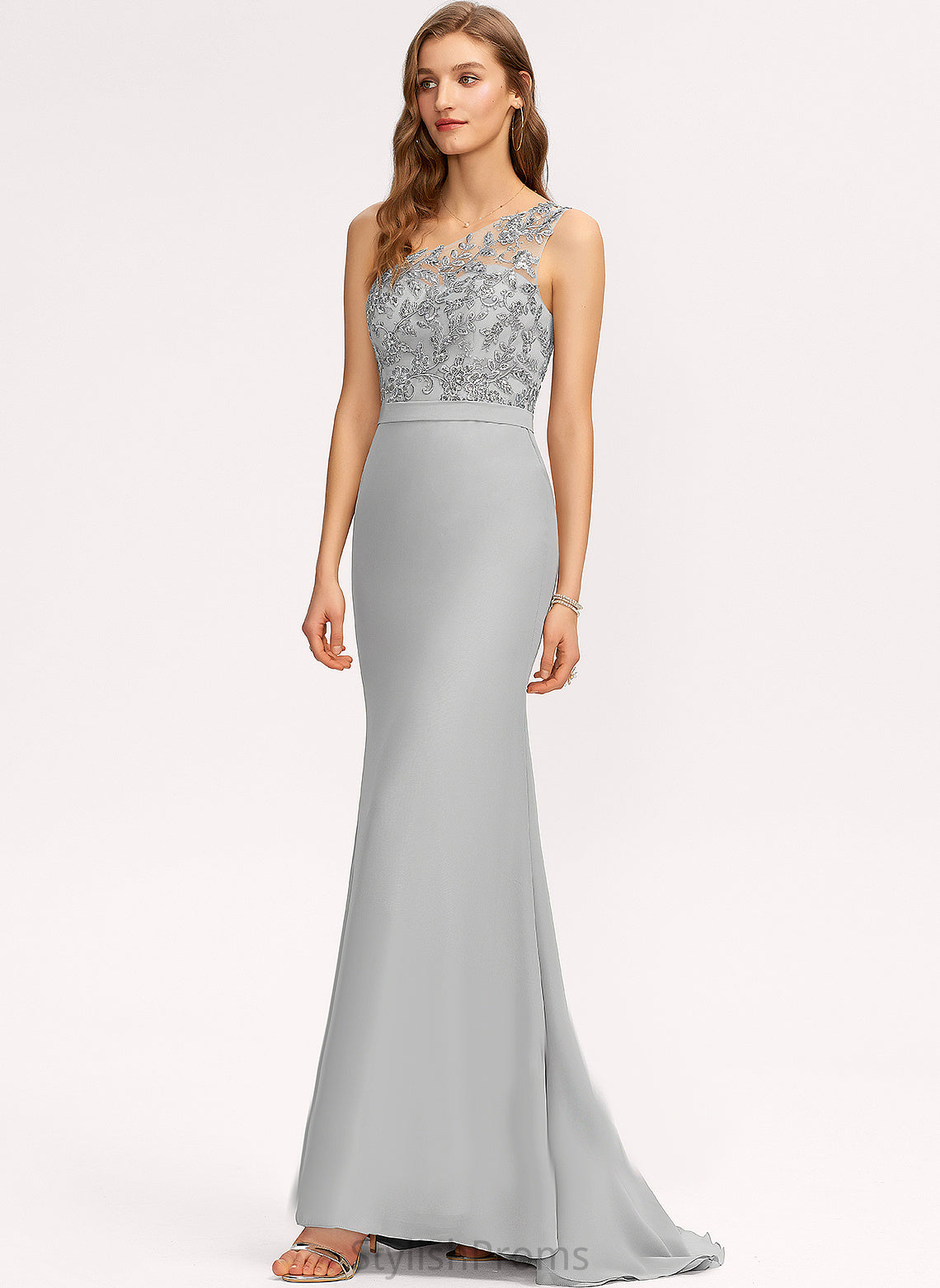 Silhouette Embellishment SweepTrain Length Trumpet/Mermaid Sequins Neckline Fabric One-Shoulder Roberta Half Sleeves Floor Length Bridesmaid Dresses