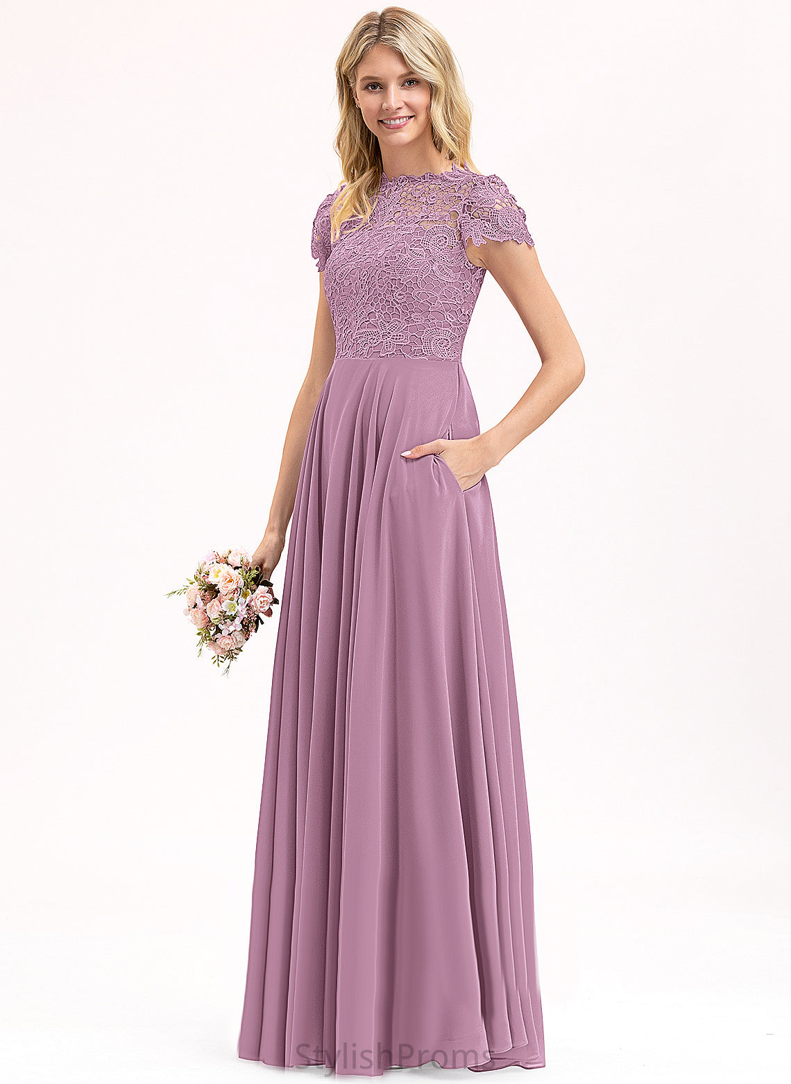 Prom Dresses Floor-Length Scoop A-Line Lace Chiffon Karley