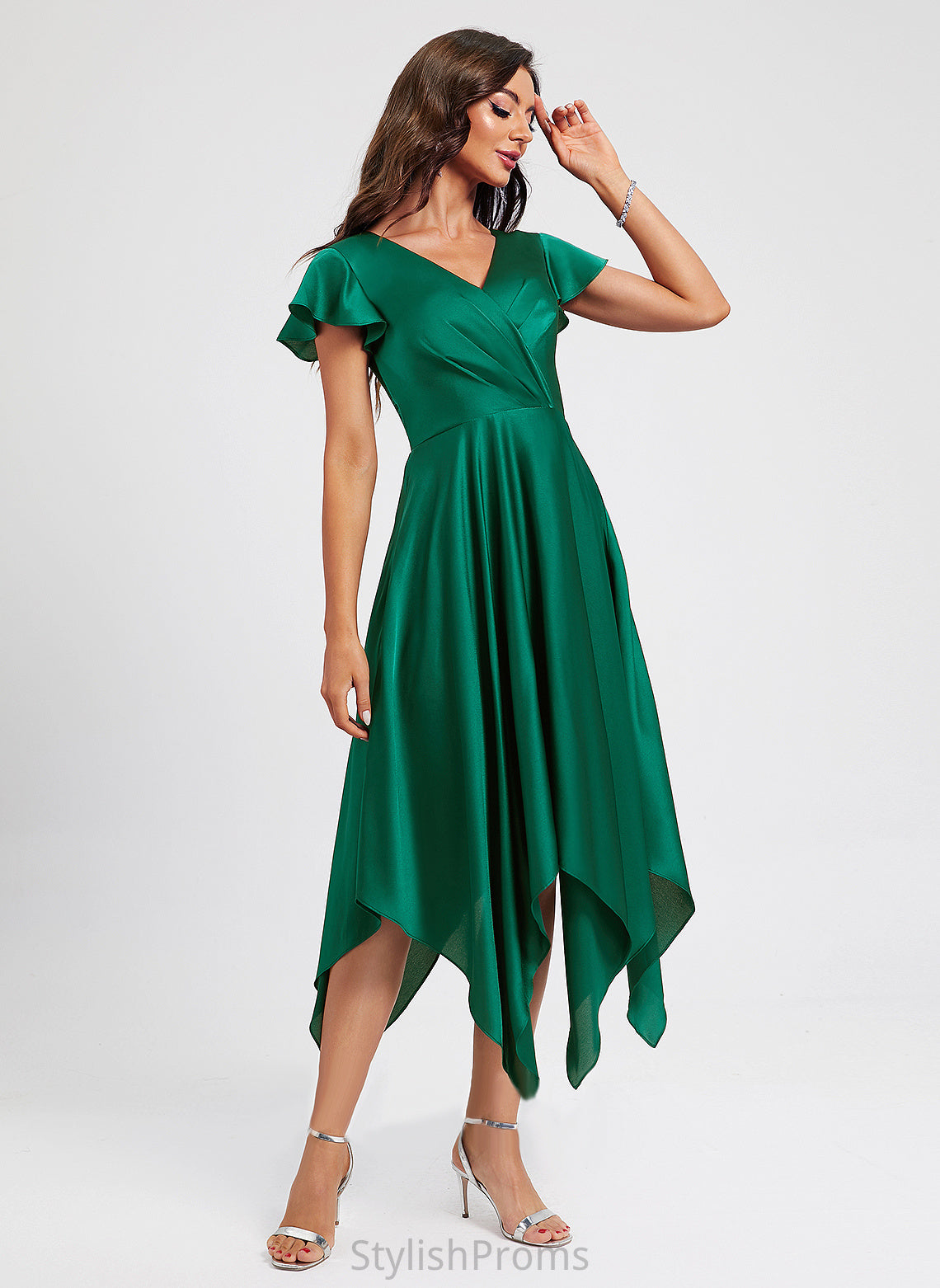 Asymmetrical A-Line Virginia With Polyester Pleated Cocktail Dress V-neck Cocktail Dresses