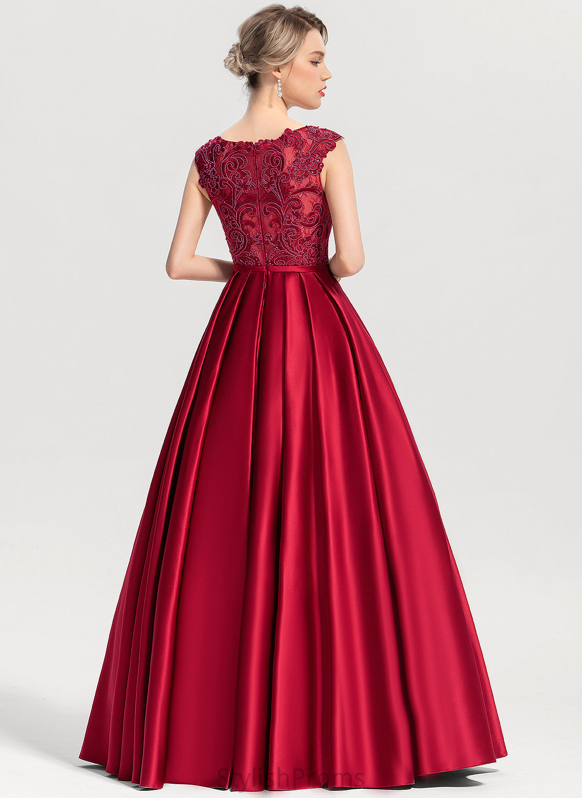 Sequins Floor-Length Scoop Ball-Gown/Princess Prom Dresses With Satin Ashanti Illusion Lace