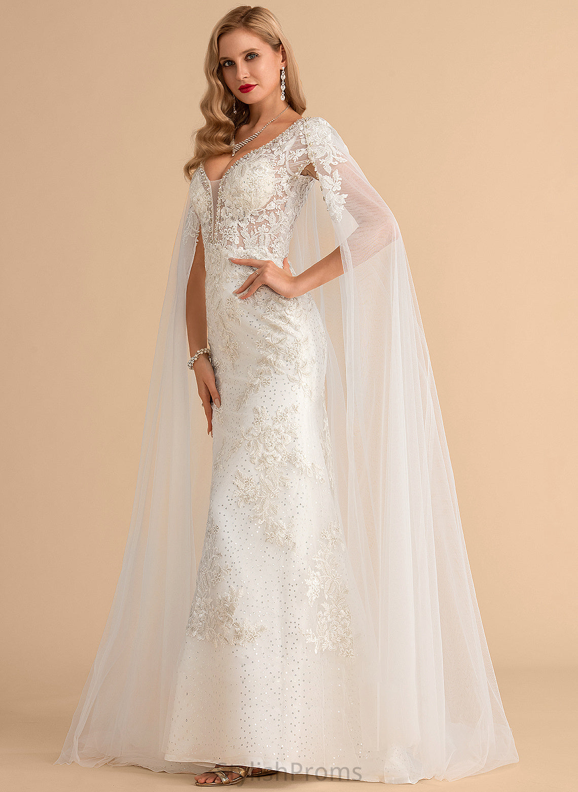 Sequins Lace Trumpet/Mermaid Tulle Nan With Court Train Wedding Dresses Wedding Dress V-neck Beading