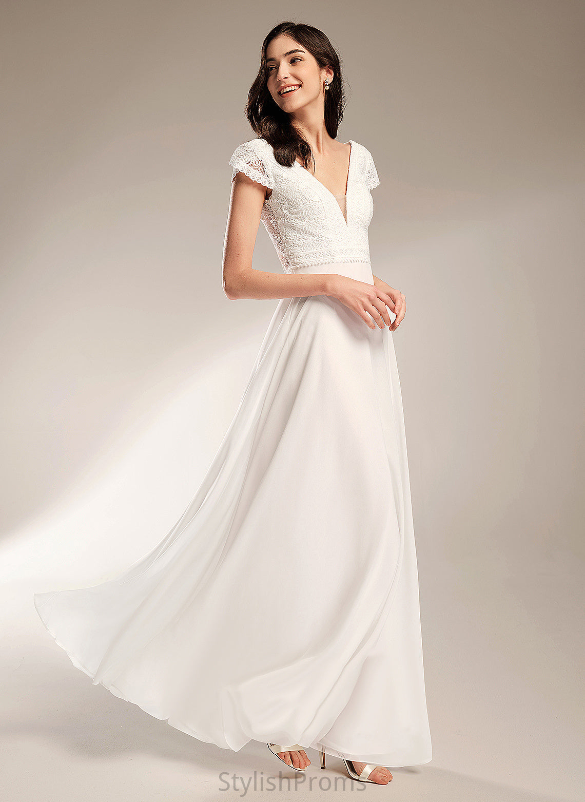 Wedding Dress V-neck Lace Chiffon A-Line Floor-Length Wedding Dresses Peyton