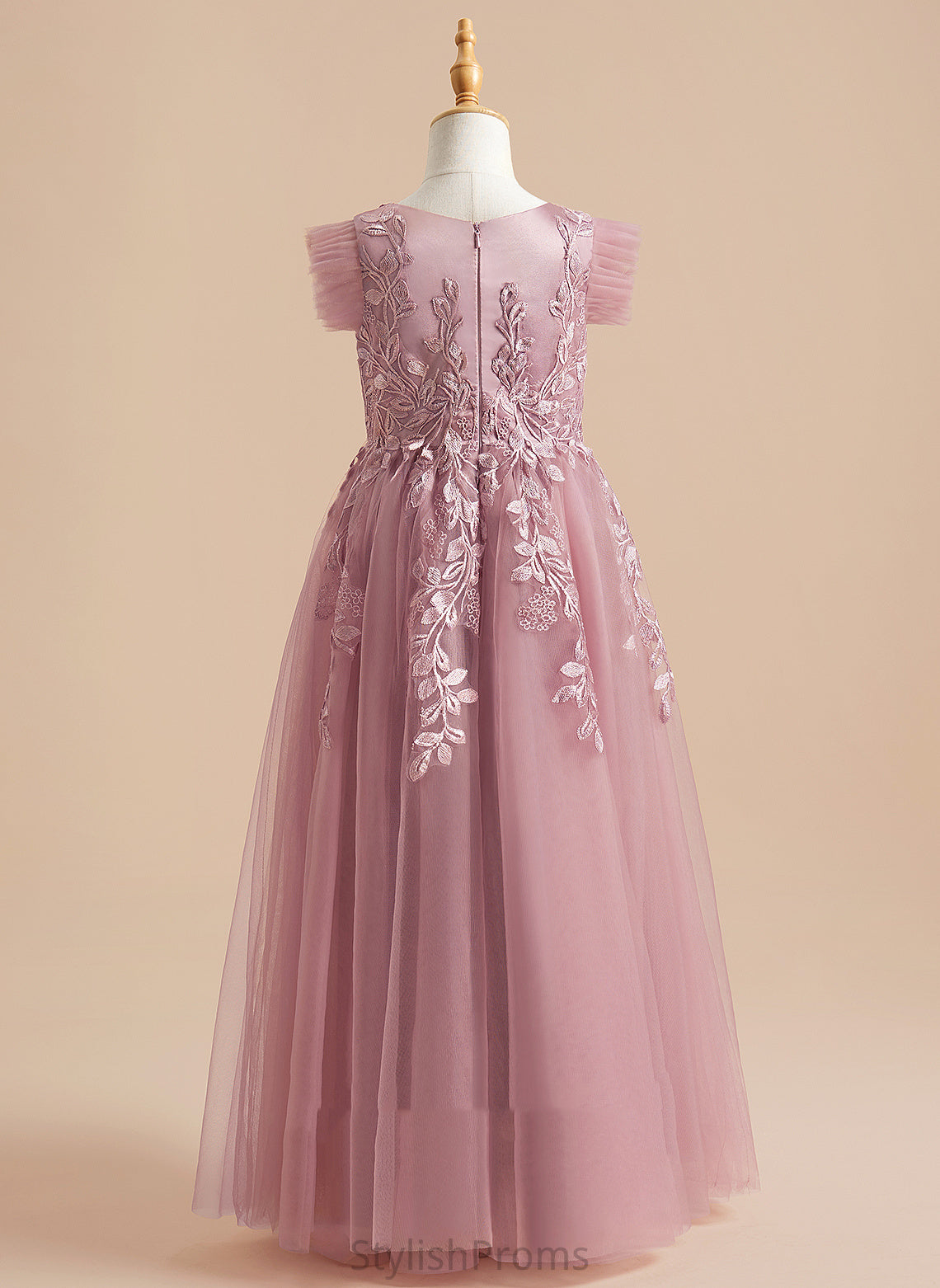 Short Neck Girl A-Line Piper Floor-length Dress Tulle Flower Scoop Sleeves - Flower Girl Dresses