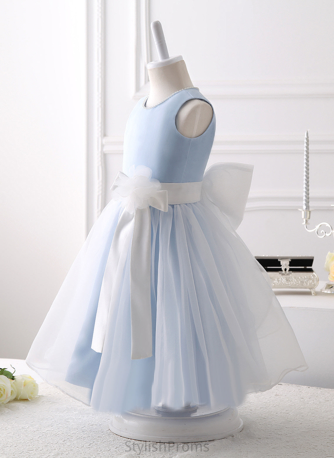 Dress Flower Organza Scoop With Beading/Flower(s)/Bow(s) Sleeveless Neck Girl Flower Girl Dresses A-Line Val Knee-length -