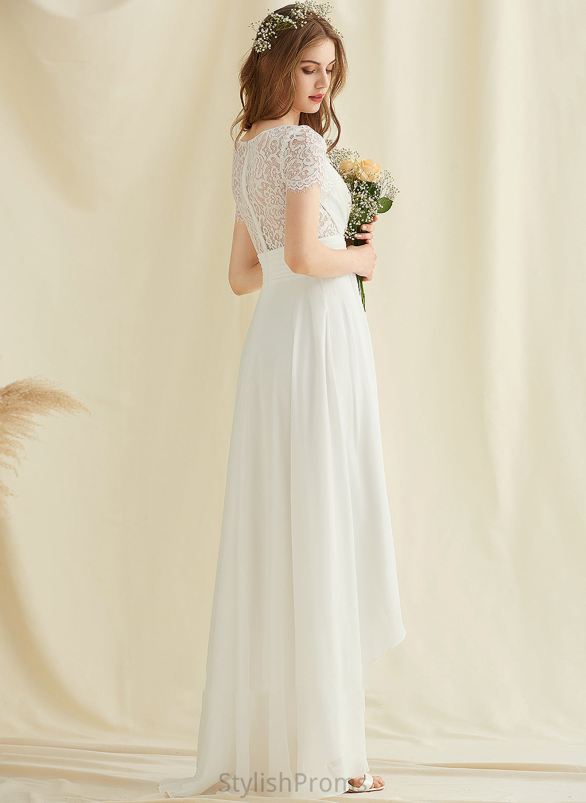 Wedding Dresses Asymmetrical Wedding V-neck Shea Dress A-Line Chiffon Lace