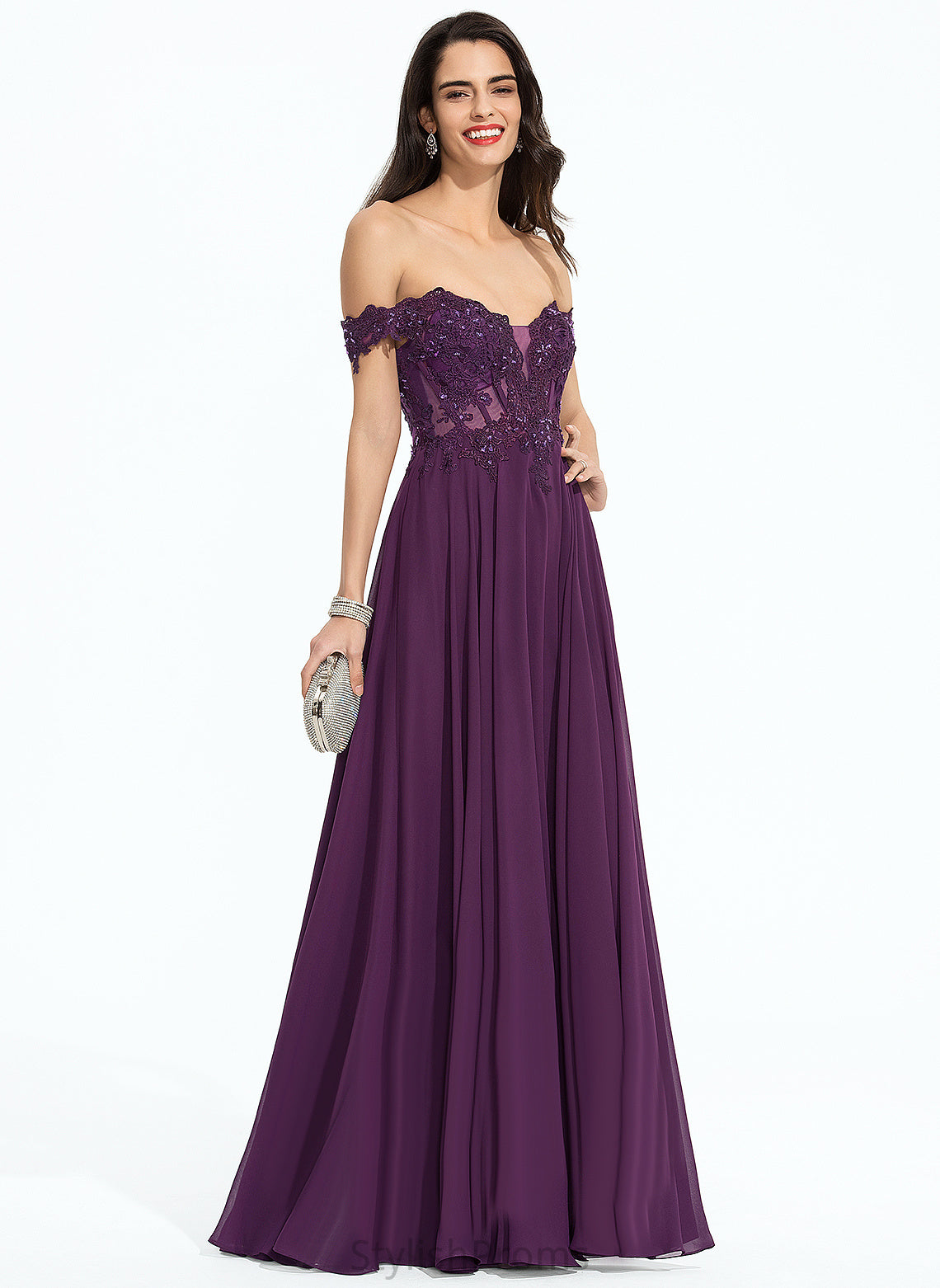 Chiffon Ann Off-the-Shoulder Beading Prom Dresses Ball-Gown/Princess Lace Floor-Length Sequins With