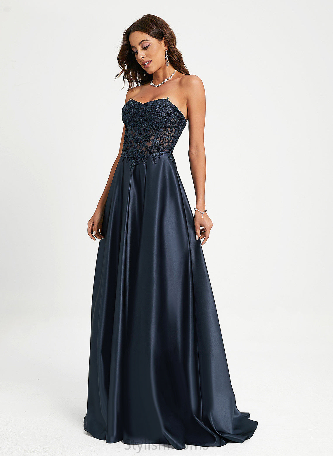 Satin A-Line Sweetheart Train Sweep Kamila Lace Prom Dresses