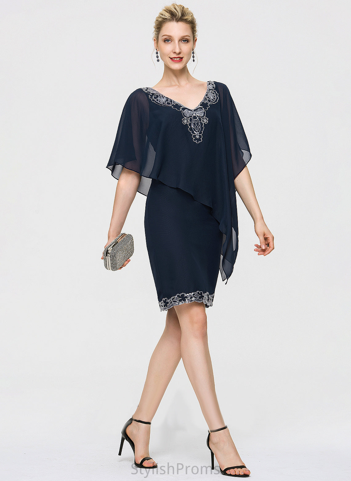 Dress Knee-Length Sequins Cocktail With Sheath/Column Cocktail Dresses Lace Daniela V-neck Chiffon