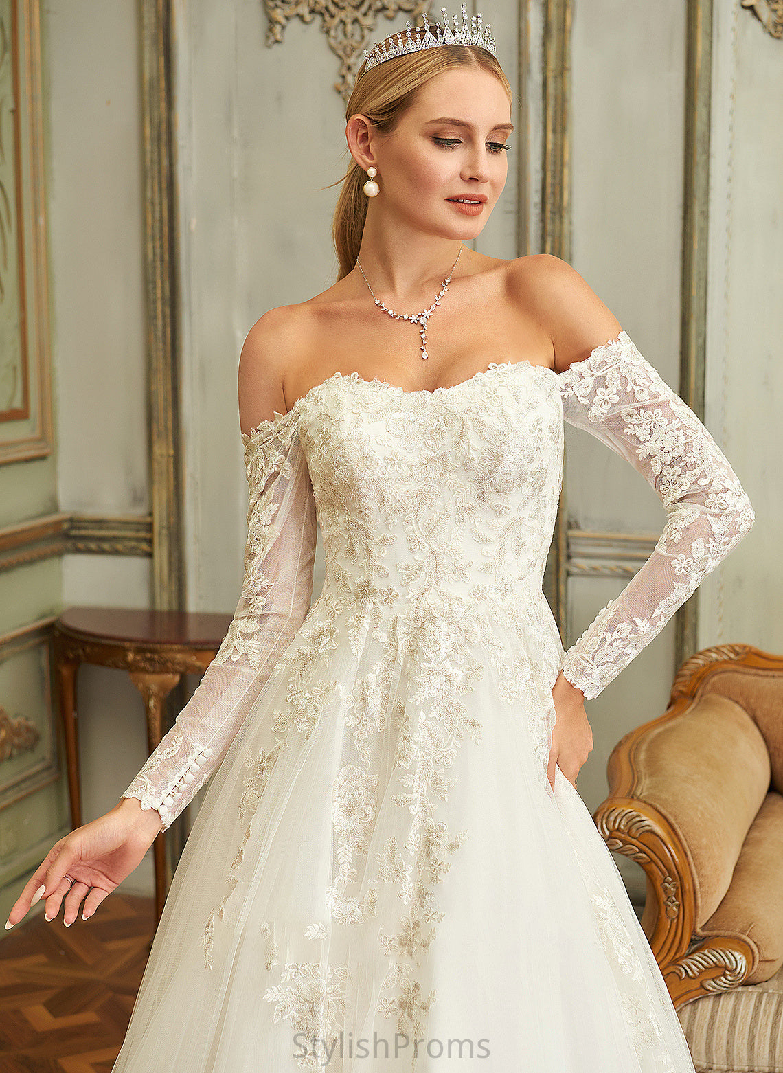 Haven Off-the-Shoulder Wedding Dresses Lace With Dress Wedding Ball-Gown/Princess Tulle Train Sweep Lace