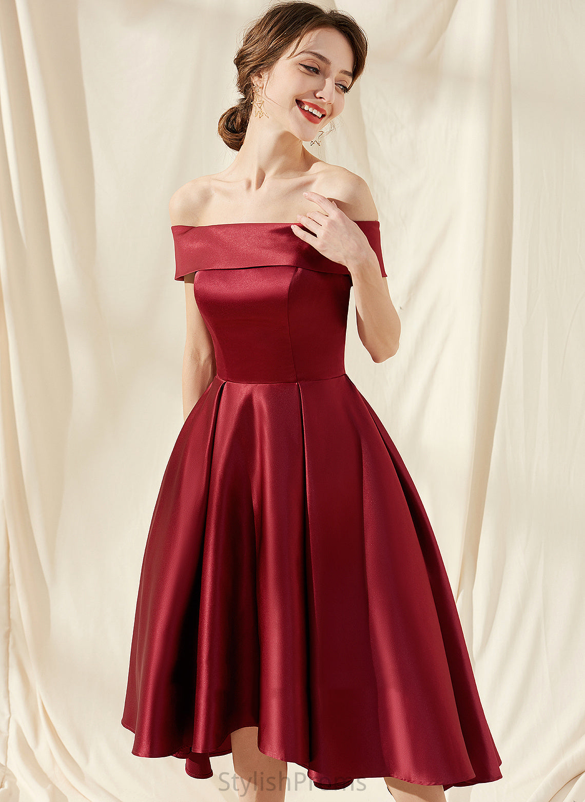 Off-the-Shoulder Asymmetrical Satin Dress Pockets Alaina Cocktail Dresses A-Line Cocktail With