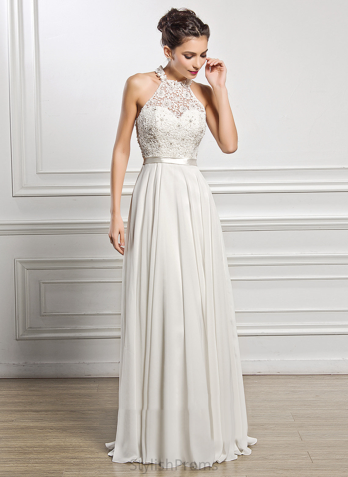 A-Line Floor-Length Chiffon Wedding Dresses Scoop Sequins Dress With Wedding Lace Piper Beading Neck