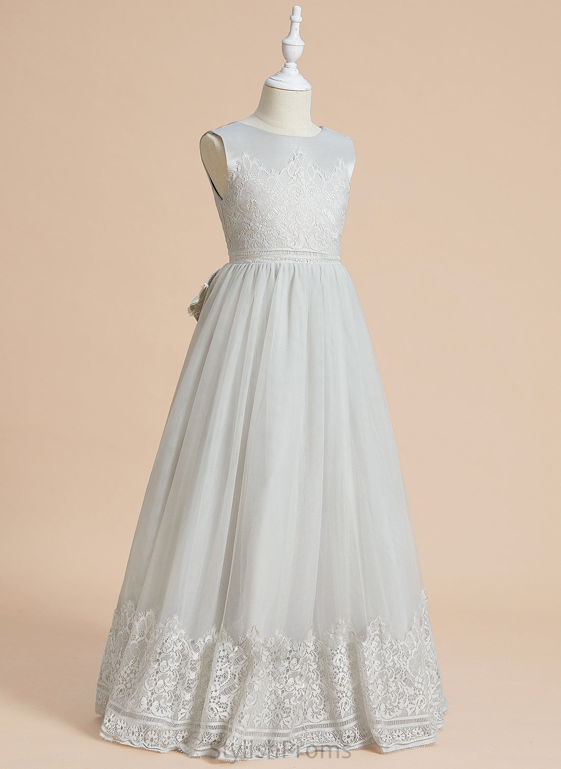 Kay Lace/Bow(s) Sleeveless With Floor-length Girl Satin/Tulle Flower - Ball-Gown/Princess Neck Scoop Flower Girl Dresses Dress