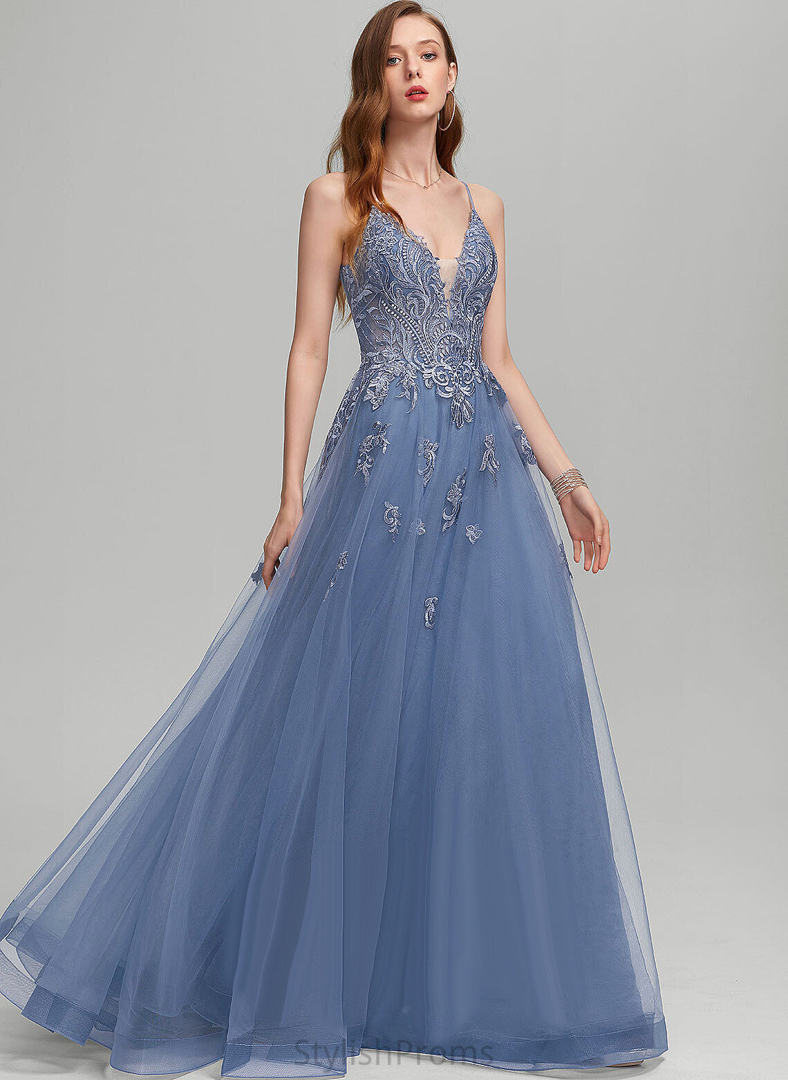 A-Line Floor-Length Prom Dresses V-neck Nora Lace Tulle With Sequins