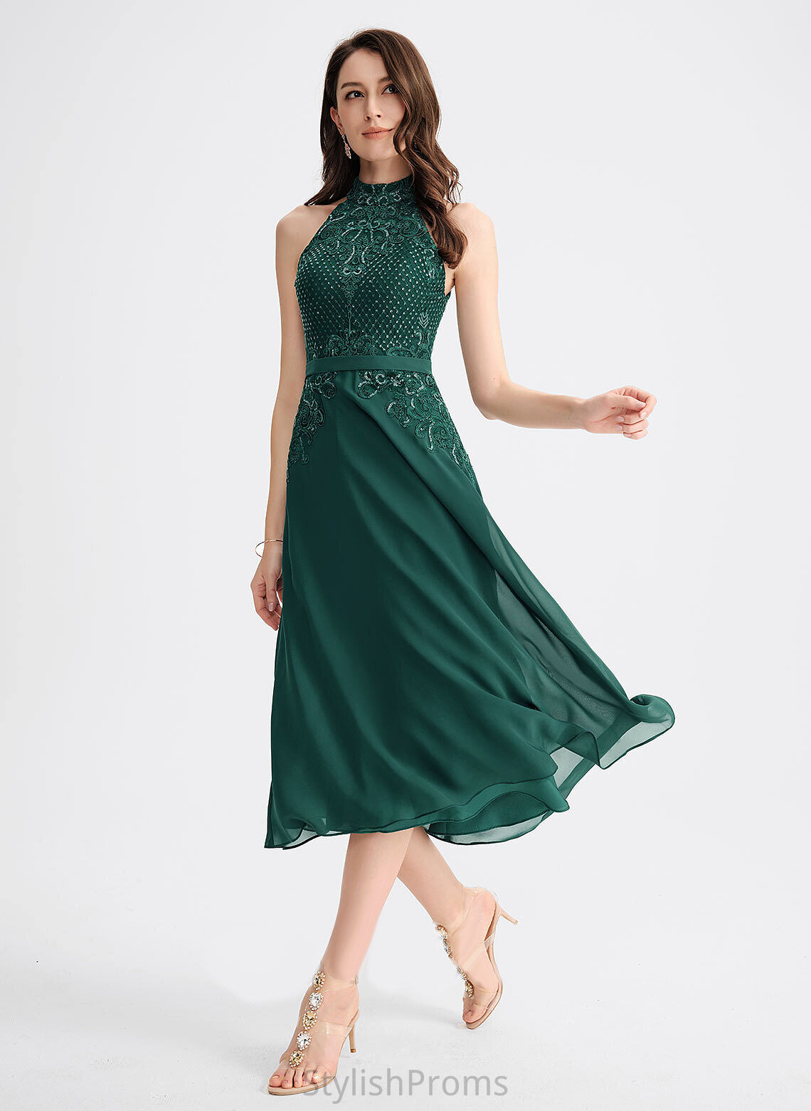 Dress Neck Sequins Cocktail Dresses With Chiffon A-Line Tea-Length Scoop Lace Itzel Cocktail