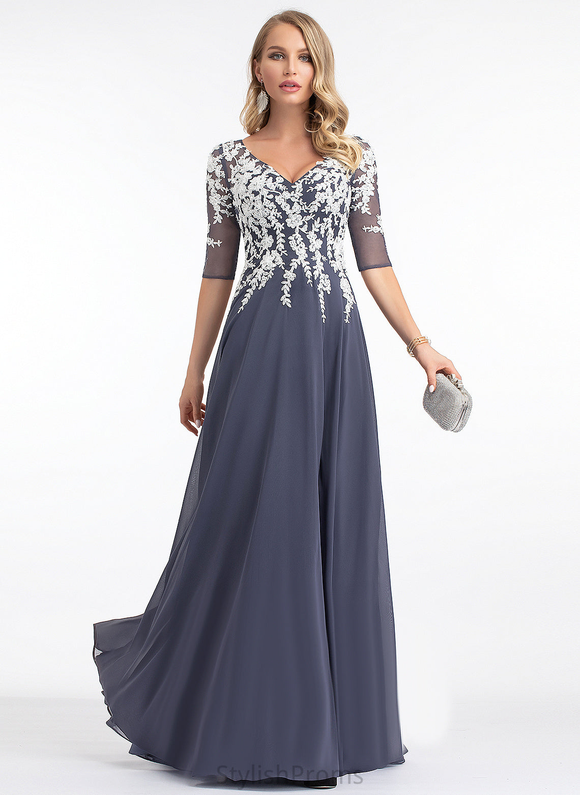 Aliza V-neck A-Line Chiffon Prom Dresses Floor-Length Lace