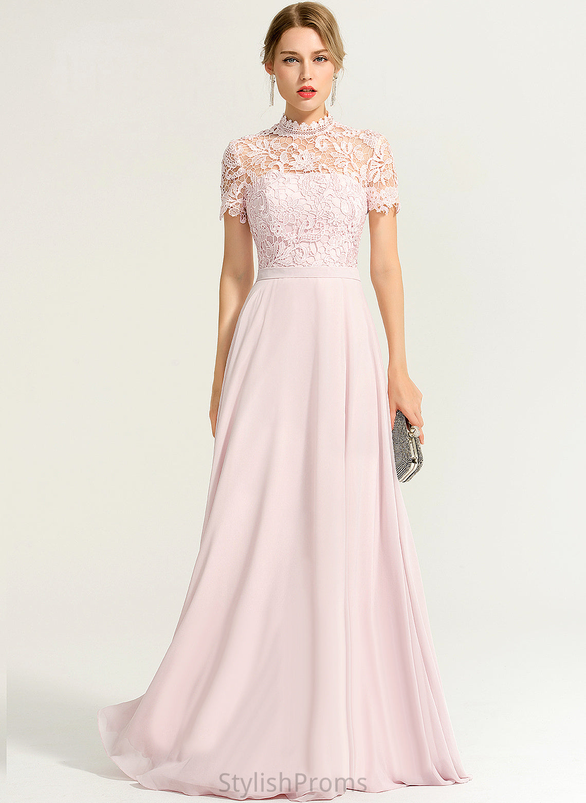 A-Line Illusion Neckline Length HighNeck Lace Silhouette Straps&Sleeves Fabric Floor-Length Saige Floor Length Bridesmaid Dresses