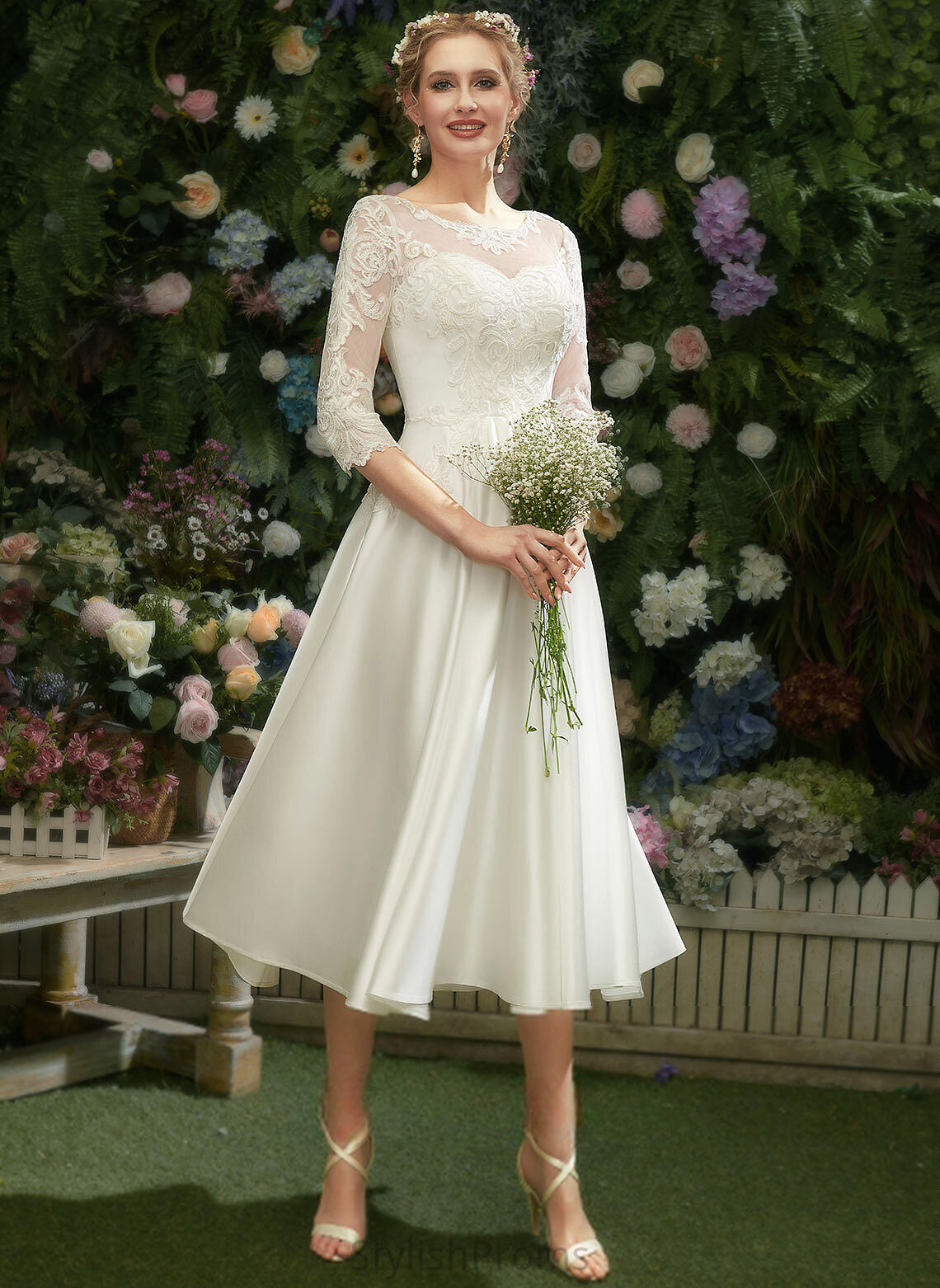 Lace Satin Illusion Harper Tea-Length Wedding Dresses Dress A-Line Wedding