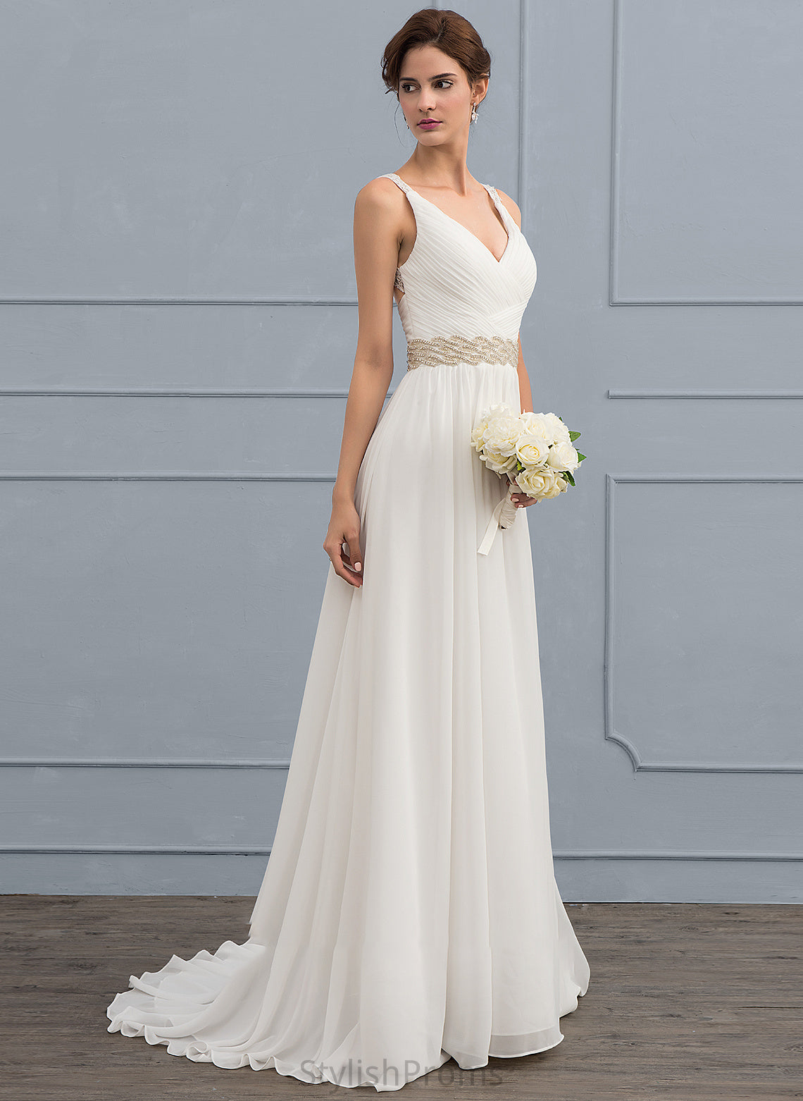 Chiffon Sequins Sweep Train Dress Wedding Beading With Linda A-Line Ruffle Wedding Dresses V-neck Lace