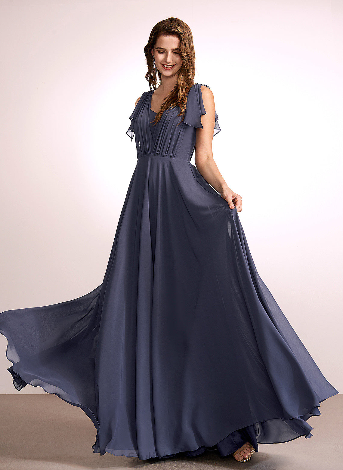 A-Line Ruffle Fabric V-neck Floor-Length Length Embellishment Silhouette Neckline Ana Trumpet/Mermaid Off The Shoulder Bridesmaid Dresses