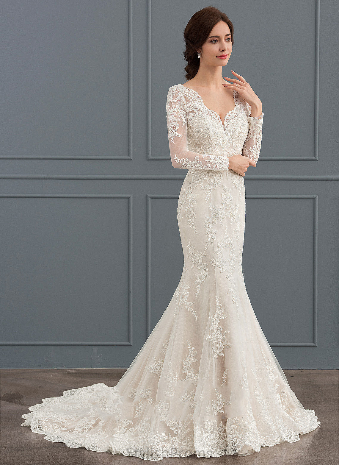 Trumpet/Mermaid Dress V-neck Court Kaitlin Lace Tulle Beading Wedding Train Wedding Dresses With