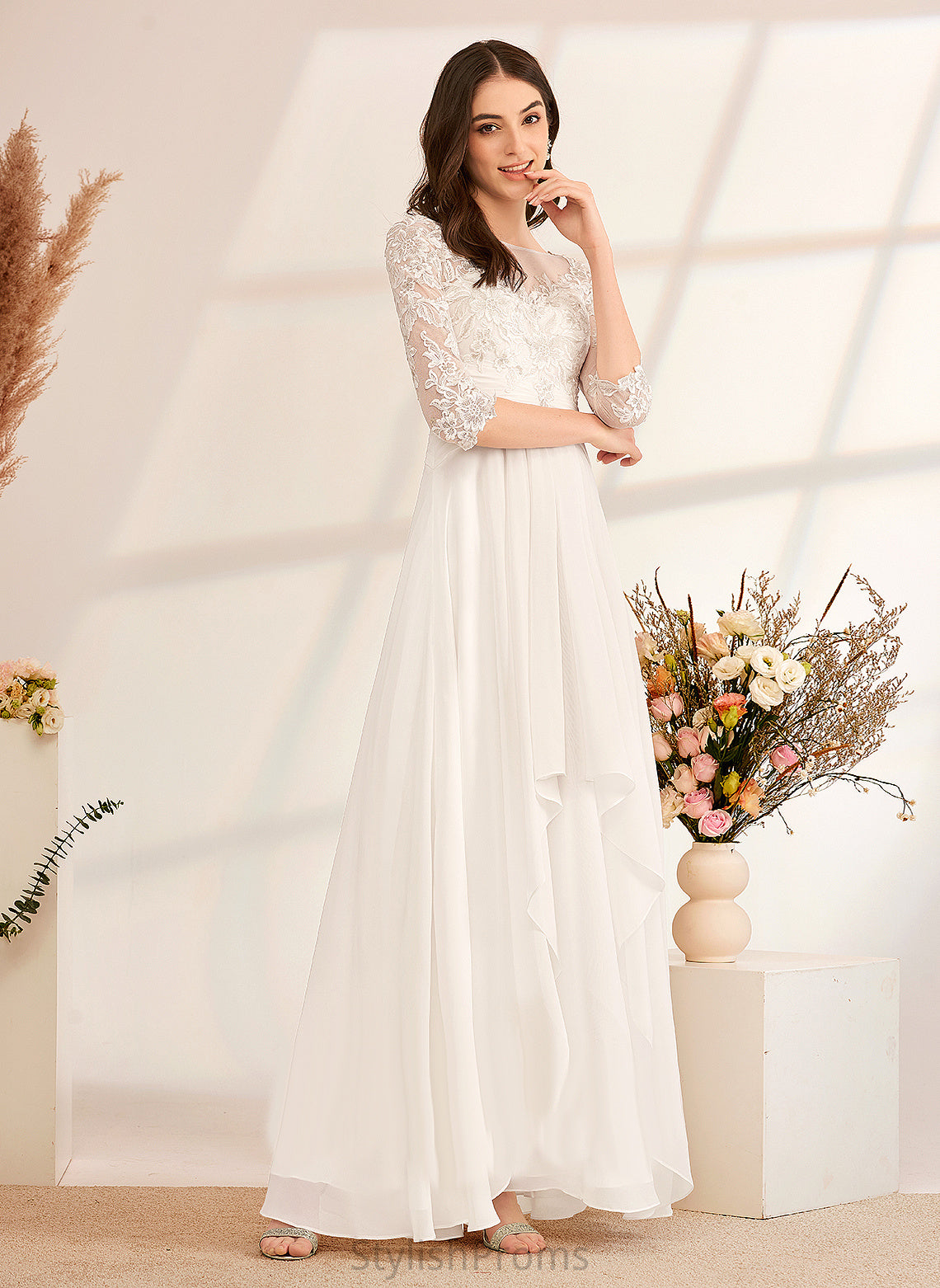 Chiffon Ruffle Wedding Dresses With Illusion Charlie Floor-Length Wedding Dress Beading A-Line Lace