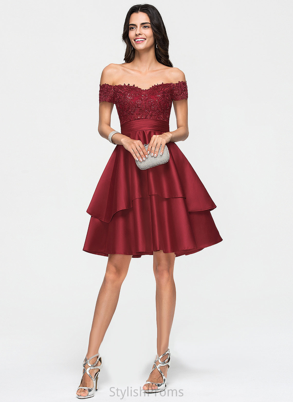 Cocktail Satin With Cocktail Dresses Knee-Length Lace A-Line Sequins Off-the-Shoulder Dress Maleah