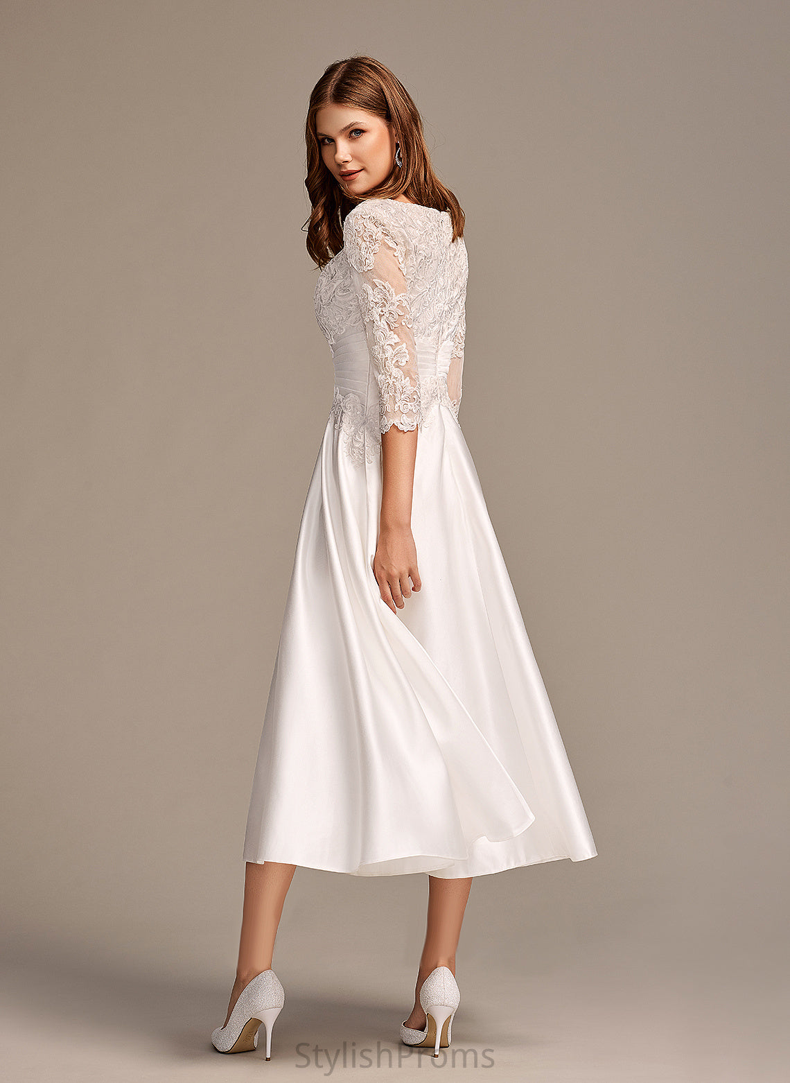 Pockets With Lace Riley Dress Satin Scoop Wedding Dresses Wedding Neck A-Line Tea-Length