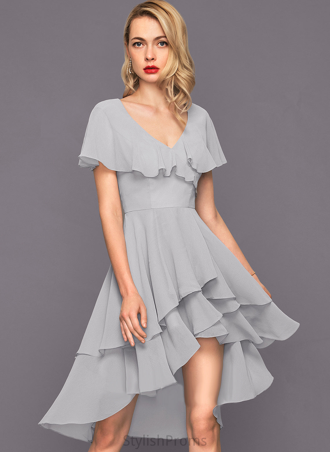 Ruffles V-neck Cocktail With Chiffon Asymmetrical A-Line Cocktail Dresses Presley Dress Cascading