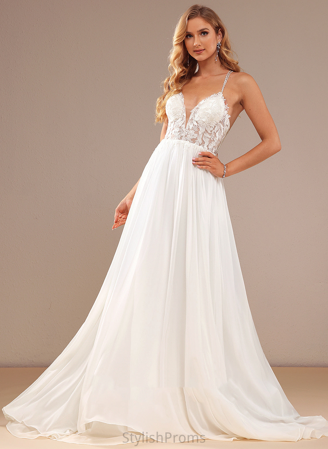 Beading Sweep Lace With Dress Wedding Lace Train Chiffon Sequins Cherish A-Line V-neck Wedding Dresses