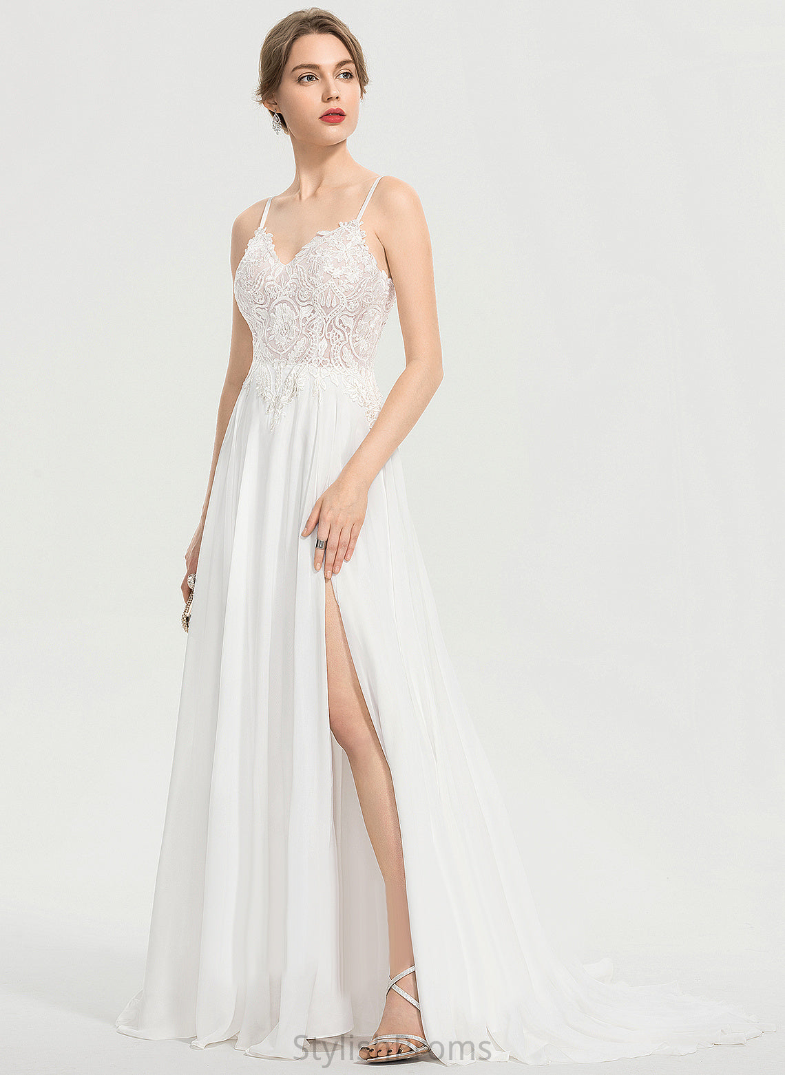 Train Wedding Chiffon Dress With Dalia Front V-neck Wedding Dresses Split A-Line Lace Sweep