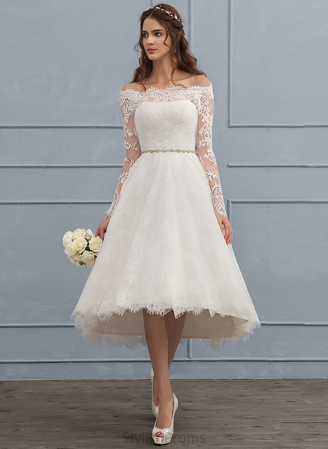 Off-the-Shoulder Asymmetrical Dress Lace A-Line Wedding Wedding Dresses Brielle With Beading